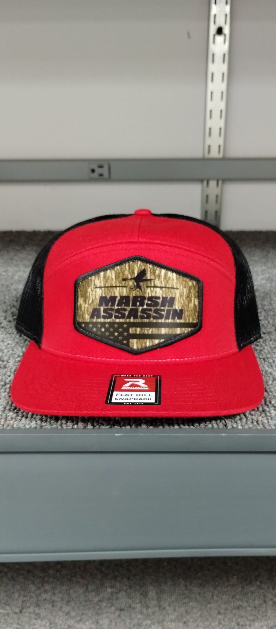 Red / Black 7 Panel Trucker Logo Snapback